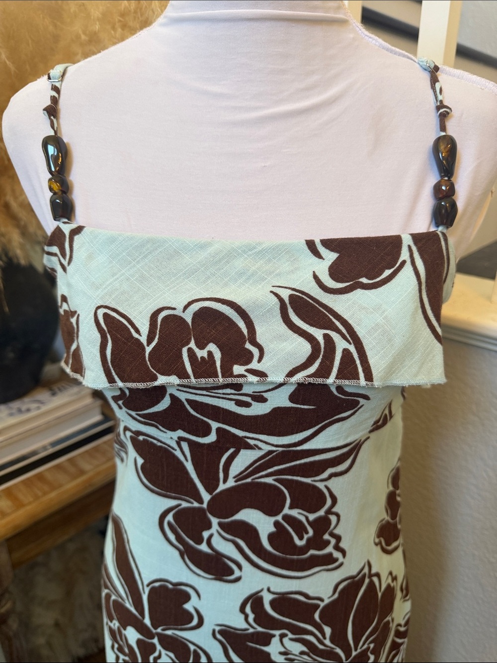 Anthropologie Paper Heart Blue Brown Linen Blend Floral Maxi Dress Size XS - Picture 3 of 8